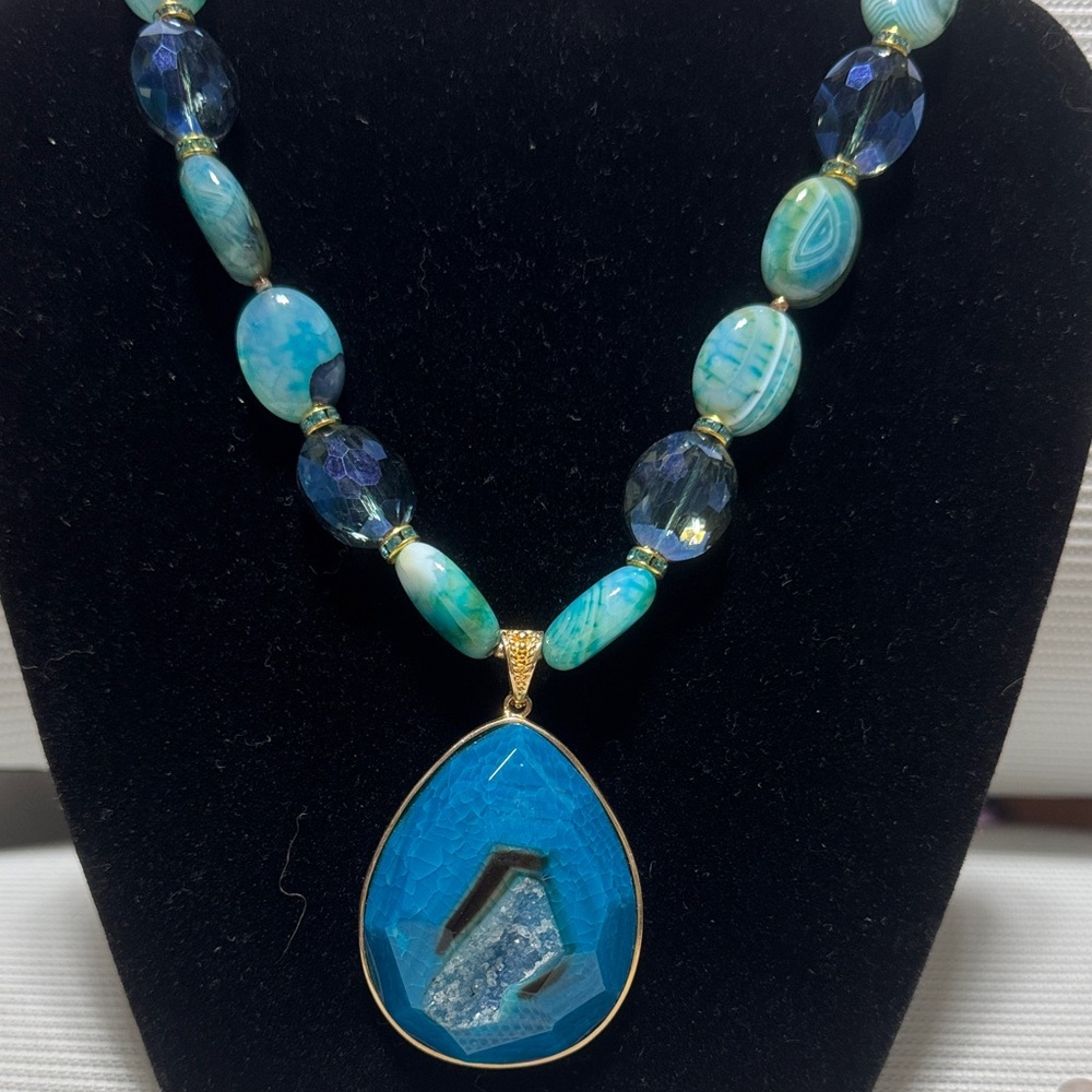 Blue Agate Teardrop Pendant Necklace - Women Jewelry